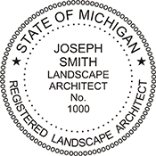 The Michigan Landscape Architect X Stamper is a customized pre-inked rubber stamp. Pre-inked stamps are made from a special gel material that automatically releases ink to the surface, like water from a sponge.