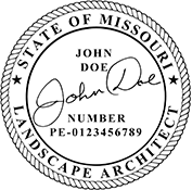 The Missouri Landscape Architect X Stamper is a customized pre-inked rubber stamp. Pre-inked stamps are made from a special gel material that automatically releases ink to the surface, like water from a sponge.