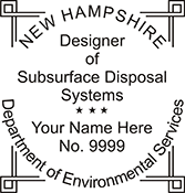 The New Hampshire Designer of Subsurface Disposal Systems X Stamper is a customized pre-inked rubber stamp. Pre-inked stamps are made from a special gel material that automatically releases ink to the surface, like water from a sponge.