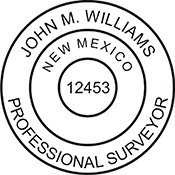The New Mexico Professional Surveyor X Stamper is a customized pre-inked rubber stamp. Pre-inked stamps are made from a special gel material that automatically releases ink to the surface, like water from a sponge.