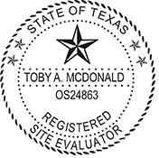 The Texas Site Evaluator X Stamper is a customized pre-inked rubber stamp. Pre-inked stamps are made from a special gel material that automatically releases ink to the surface, like water from a sponge.
