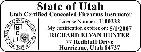 Utah Certified Concealed Firearms Instructor Stamp. X Stamper is a customized pre-inked rubber stamp. Fast Shipping