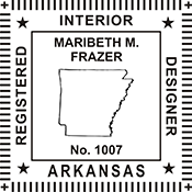 The Arkansas Interior Designer X Stamper is a customized pre-inked rubber stamp. Pre-inked stamps are made from a special gel material that automatically releases ink to the surface, like water from a sponge.