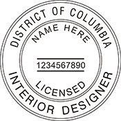 The District of Columbia Interior Designer X Stamper is a customized pre-inked rubber stamp. Pre-inked stamps are made from a special gel material that automatically releases ink to the surface, like water from a sponge.