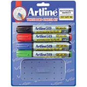 These EK-519 Artline Dry Safe White Board Markers 4pk with eraser is a chisel style marker that makes precision lines and detail.  Sold in a four pack of Black, Red, Blue and Green, these are very affordable.