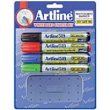 These EK-519 Artline Dry Safe White Board Markers 4pk with eraser is a chisel style marker that makes precision lines and detail.  Sold in a four pack of Black, Red, Blue and Green, these are very affordable.